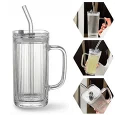 Copo de Vidro com Tampa e Canudo de Vidro 250ml Quadrado com Alça