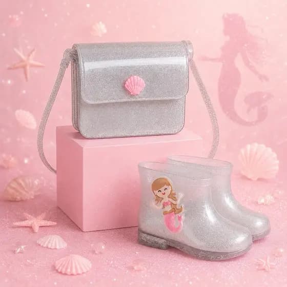 Kit Galocha Infantil Menina E Bolsa Gliter Sereia Delicada Bota Confortável Macia e Leve