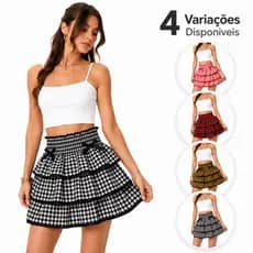 Saia Junina Feminina Adulto 3 babados Xadrez Rodada Festa São João Caipira Quadrilha