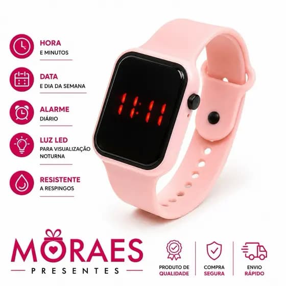 Relógio digital LED feminino com pulseira ajustável. Cores disponíveis e visor moderno iluminado.