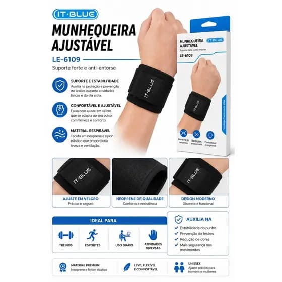 Munhequeira ajustável IT-BLUE com velcro, suporte firme, conforto e proteção para o punho.