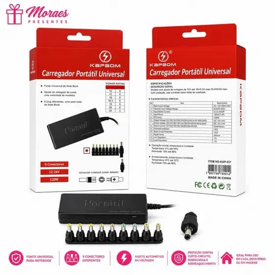 🔌 Carregador Universal Kapbom para notebook com 9 conectores, bivolt e proteção contra superaquecimento.