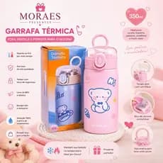 Garrafa térmica 350ml com canudo e trava. Mantém quente e frio. Modelo fofo Cream Bear. 💖