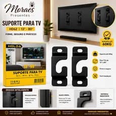Suporte para TV 13” a 80”, suporta até 60kg, instalação fácil, fixo e resistente para diversos modelos.