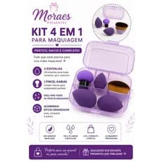 Kit 4 peças para maquiagem com esponjas e pincel. Cores: roxo, rosa e amarelo. Acabamento profissional.