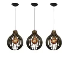 kit 3 Luminária Teto Rustica Lustre Pendente De Madeira Moderno Preto - 3Cqp/Sf