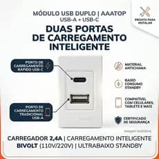 Modulo Simples USB Tomada Dupla Usb-c + Usb-a 2.4a Bivolt Embutir Adaptador Carregamento Inteligente