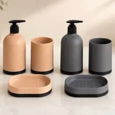 Kit Conjunto Banheiro 3 Peças Porta Sabonete Líquido Pote Saboneteira Bege Cinza Lyor Plastico