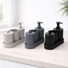 Conjunto Kit Banheiro Lavabo com Bandeja Porta Sabonete Liquido Escova Algodão Cotonete 4 Peças