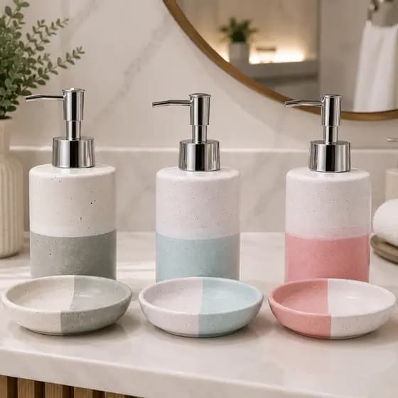 Conjunto Banheiro 2 Peças Ceramica Lavabo Porta Sabonete Rosa Azul Degrade Saboneteira Porcelana