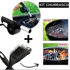 Kit Churrasqueira Acendedor De Com Manivela Ventilador Carvão + Escova Limpeza Grelha
