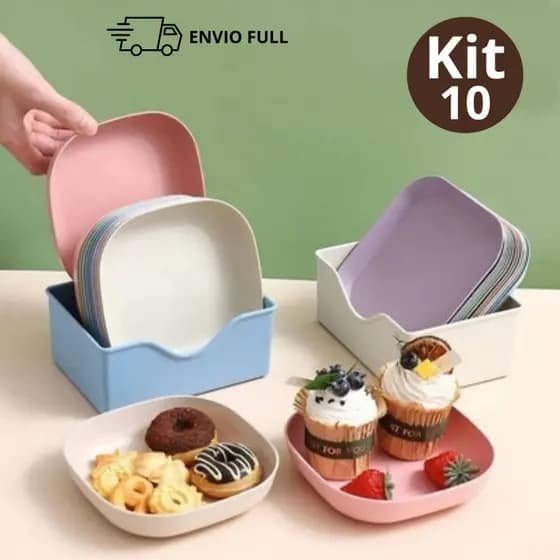 Kit 10 Pratos Plásticos Duros Reutilizaveis Com Suporte Cozinha Organizaçao