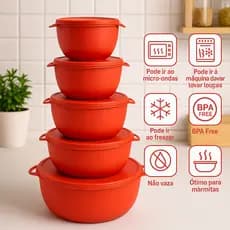 Kit 5 Potes Plastico Redondos Bowl Livre Bpa, Vasilhas 3 tamanhos, Tapoer com tampa Hermética