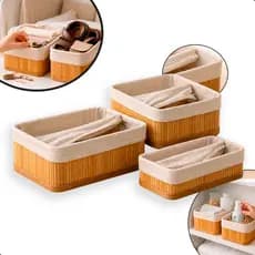 Kit 3 Cestos Organizadores De Bambu Multiuso Com Forro Lavável Retangular Decorativo Premium