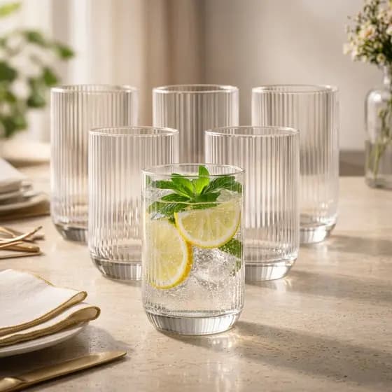 Jogo 6 Copos De Vidro Canelado Transparente 420ml Cameratta Água Suco Mesa Posta Luxo Elegante