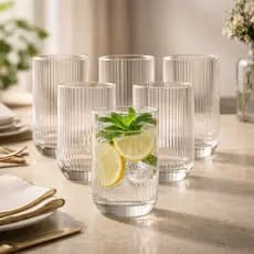 Jogo 6 Copos De Vidro Canelado Transparente 420ml Cameratta Água Suco Mesa Posta Luxo Elegante