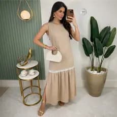 Vestido Longo Feminino Linho Casual Elegante com Babado e  Renda Confortável
