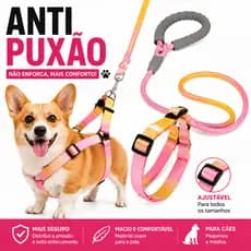 Coleira e Guia com Amortecedor e Pegador Peitoral Ajustável Para Pets Cachorros e Gatos Colorido
