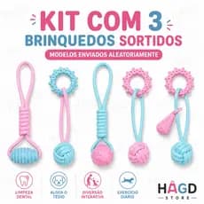 Kit 3 Brinquedos Mordedor para Cachorro Corda Interativa Limpeza Dental Pet