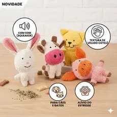 Brinquedo Pet Mordedor Pelúcia com Som Resistente Veludo Cotelê p/ Cães e Gatos Animais Fofos Interativo Antiestresse