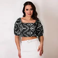 Cropped Estampado manga bufante abertura/com Bojo Fixo e Elastico nas costas S8159