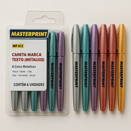 Marca Texto Glitter e Metálico Masterprint MP612 – Kit com 6 Cores Vibrantes p/ Estudo e Escritório
