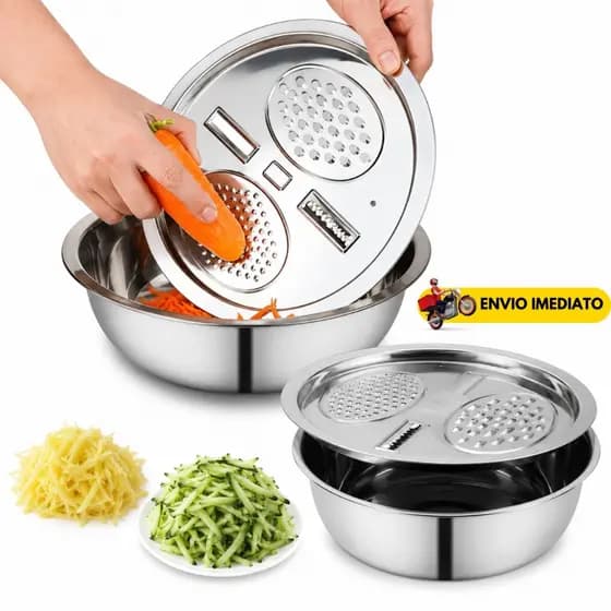 Ralador Fatiador de Legumes com Tigela Aço Inox Multifuncional Bacia 3 em 1 Ralador Queijo Cozinha Prática Manual Inox