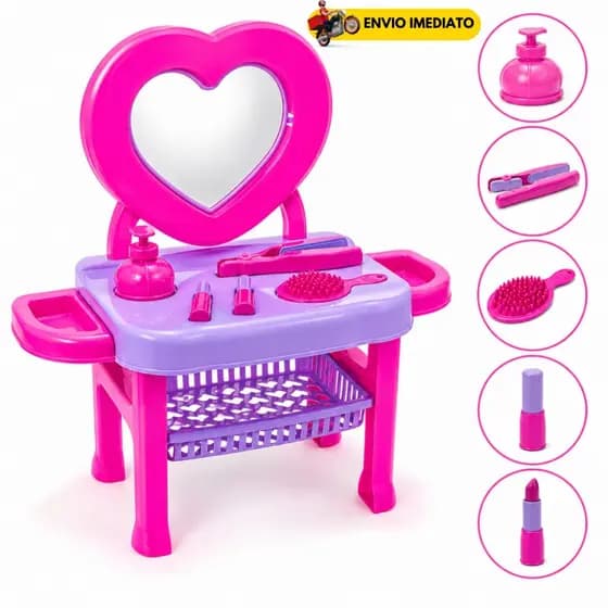 Penteadeira Infantil Com Espelho Coração Kit Beleza Menina Brinquedo Maquiagem Completa Rosa