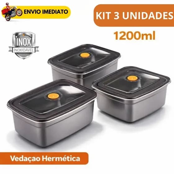Pote Inox com Tampa hermética 1200ml Grande Vasilha Marmita Multiuso Freezer Alimentos Cozinha Organização Fitness