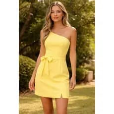 Vestido midi feminino de um ombro só, com cinto para acentuar a cintura. (125limao)