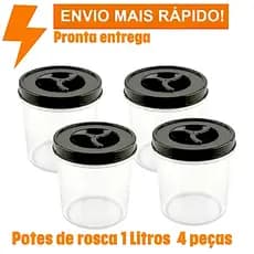 Kit 4 Potes De Plástico 1 Litro Com Tampa De Rosca Organizador De Cozinha Armário