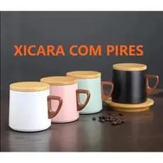 Xicara Térmica com Tampa e Pires de Madeira Café Chá——1661