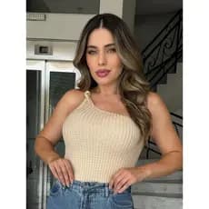 Cropped Tricô Modal Nula Manga Feminina Nó Tendência Verão Ponto Crochê Mula Manca Tricot