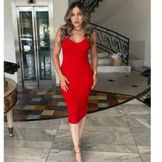 Vestido Midi Canelado de Alça Tricô Moda Verão Tricot