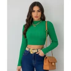 Cropped Manga Longa Trico Modal Canelado Blusa Feminina Gola Canoa Moda Inverno Tricot