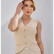 Colete Feminino com Botões Blusa Regata Tricô Tendência Moda Verão Blogueira
