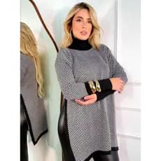 Poncho Xadrez Feminino Tricot Gola Alta Manga Longa Fenda Lateral Moda Inverno Casaco Blusa de Frio