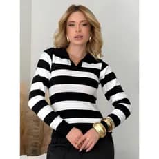 BlusaTricot Listrada Feminina  Manga Longa Gola Polo Moderno Suéter Tricô Elegante Casual