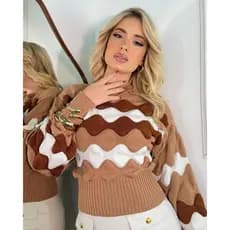 Blusa De Frio Feminina Suéter Listrado Ondas 3D Tricot Modal Canelado Manga Comprida Outono Inverno