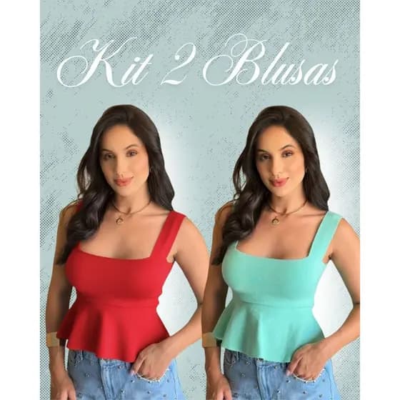 Kit 2 Blusa Bata Regata Feminina Tricô Babado Peplum Rodadinha Alça Larga Tricot Modal Verão