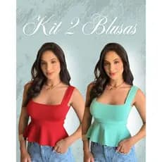 Kit 2 Blusa Bata Regata Feminina Tricô Babado Peplum Rodadinha Alça Larga Tricot Modal Verão