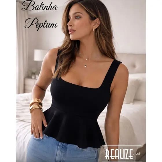 Blusa Bata Peplum Feminina Tricot Alça Grossa Regata Babado Básica Tricô Moda Verão