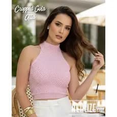 Top Cropped Feminino Regata Gola Alta Garrafinha Tricot Modal Furinho Abertura em V Blogueira Verão