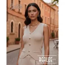 Colete Feminino Tricot Modal Regata Gola V Com Botões Bolso Falso Elegante Social Escritório Verão