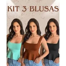 Kit 3 Blusa Bata Regata Feminina Tricô Babado Peplum Rodadinha Alça Larga Tricot Modal Verão