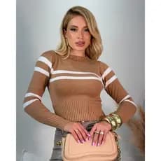 Blusa de Frio Feminina Tricot Canelado Suéter Listrado Manga Comprida Gola Redonda Outono Inverno