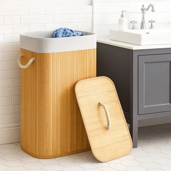 Cesto De Roupas De Bambu Natural Tampa 70L Ecológico Banheiro Multiuso Alças Dobrável Organizador