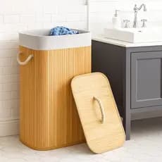 Cesto De Roupas De Bambu Natural Tampa 70L Ecológico Banheiro Multiuso Alças Dobrável Organizador