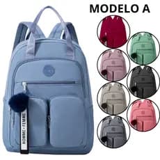 Mochila Bolsa Feminina Tactel Nylon Escola Faculdade Trabalho + Pompom De Brinde