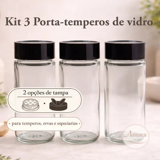 Kit 3 Porta Temperos de Vidro com Tampa | Potes para Temperos, Especiarias e Condimentos